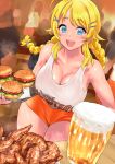  alcohol beer beer_mug blonde_hair blue_eyes blurry blurry_background braid breasts burger cleavage cup dokiyuri food hachimiya_meguru hair_ornament hairclip highres hooters idolmaster idolmaster_shiny_colors mug open_mouth orange_shorts restaurant shirt short_shorts shorts sweat tank_top thighs white_shirt white_tank_top 