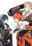  1boy 2girls armor armored_dress beard black_gloves black_shorts black_skirt blue_eyes blue_hair breasts brown_eyes byleth_(fire_emblem) byleth_(fire_emblem)_(female) clenched_teeth cloak closed_mouth clothes_around_waist coat commentary dagger detached_collar eyebrows_visible_through_hair facial_hair fingerless_gloves fire_emblem fire_emblem:_three_houses from_side fur-trimmed_coat fur_trim garreg_mach_monastery_uniform glaring gloves hand_on_own_head high-waist_skirt highres jeralt_reus_eisner jewelry knife leonie_pinelli light_brown_hair looking_at_another medium_breasts medium_hair midriff multiple_girls navel necklace orange_coat orange_eyes orange_hair pauldrons profile scabbard scar scar_on_face scowl sheath sheathed shirt shishima_eichi short_hair shorts shoulder_armor simple_background skirt small_breasts sweatdrop teeth undercut upper_body vambraces weapon white_background white_shirt 