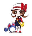  1girl bag bow brown_hair gen_2_pokemon gen_3_pokemon hat hat_bow hiroshige_36 holding holding_bag loafers looking_at_viewer lyra_(pokemon) marill overalls pokemon pokemon_(creature) pokemon_(game) pokemon_hgss red_shirt shirt shoes smile twintails white_background white_headwear white_legwear 