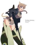  1girl ahoge animal_ears anti-materiel_rifle bangs black_jacket blazer blue_eyes boys_anti_tank_rifle braid braided_ponytail brown_hair brown_sweater cat_ears cat_tail commentary_request copyright_name dress_shirt english_text floating frown fumishige green_neckwear gun highres holding holding_gun holding_weapon jacket leaning_forward long_hair looking_at_viewer lynette_bishop necktie no_pants open_mouth panties rifle roundel shirt simple_background single_braid sniper_rifle solo strike_witches striker_unit sweater tail underwear v-neck weapon white_background white_panties white_shirt wing_collar world_witches_series 