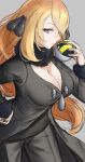  1girl alternate_breast_size black_collar blonde_hair breasts cleavage coat collar commentary cynthia_(pokemon) eyelashes fur_collar grey_background grey_eyes hair_ornament hair_over_one_eye hand_on_hip hand_up highres holding holding_poke_ball ippers leaning_forward long_hair long_sleeves looking_to_the_side pants parted_lips poke_ball pokemon pokemon_(game) pokemon_dppt shirt simple_background sketch solo ultra_ball 