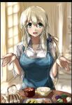  1girl apron atago_(kancolle) blonde_hair blue_apron border breasts food green_eyes highres kantai_collection long_hair looking_at_viewer meal open_mouth pov_across_table seitei_(04seitei) shirt sketch solo white_shirt 