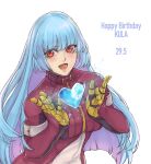  1girl :d bangs belt birthday blue_hair blush bodysuit breasts character_name commentary dated english_text eyebrows_visible_through_hair happy_birthday heart highres ice kthovhinao_virmi kula_diamond long_hair looking_at_viewer medium_breasts open_mouth purple_eyes simple_background smile solo sparkle the_king_of_fighters white_background zipper 