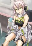  1girl ahoge artoria_pendragon_(all) bare_shoulders black_garter_straps black_ribbon black_shirt bottle braid breasts chair cleavage collarbone commentary_request fate/grand_order fate_(series) french_braid glasses grey_hair hair_ribbon highres holding holding_bottle jacket ksfactory looking_at_viewer medium_breasts mysterious_idol_x_(alter)_(fate) on_chair ribbon shirt sitting sleeveless sleeveless_shirt solo striped striped_ribbon sweat thigh_strap water_bottle white_jacket 