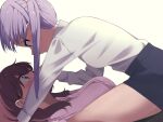  2girls assertive_female blue_eyes blush brown_hair eye_contact from_side girl_on_top hand_on_another&#039;s_face highres long_hair looking_at_another lying multiple_girls new_game! on_back purple_eyes purple_hair simple_background straddling suzukaze_aoba takimoto_hifumi tennosuke_(tejons) twintails wide-eyed yuri 