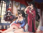 2girls animal_ears bangs bare_legs barefoot black_hair blue_dress breasts character_request clock closed_eyes closed_mouth collarbone commentary_request cup dress erune feet flower full_body granblue_fantasy hair_brush hand_up holding holding_pillow indoors kneeling kuurie_(granblue_fantasy) legs long_dress long_hair medium_breasts multiple_girls nier_(granblue_fantasy) on_bed open_mouth pillow red_dress sitting taba_comya tea_set teacup teapot toes very_long_hair window yawning 