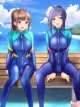  2girls bangs bench bikini blue_hair breast_press breasts brown_hair cameltoe diving_suit feet highres looking_at_viewer love_live! love_live!_sunshine!! matsuura_kanan mobukichi multiple_girls purple_hair shiny shiny_clothes sitting skin_tight skindentation smile spread_legs suwa_nanaka swimsuit wet wetsuit zipper 