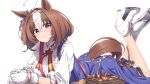  1girl absurdres ahoge animal_ears blush brown_hair closed_mouth gloves highres horse_ears horse_girl horse_tail huge_filesize looking_at_viewer lying meisho_doto_(umamusume) multicolored_hair on_stomach pink_headband purple_eyes red_neckwear red_ribbon ribbon shinomu_(cinomoon) shoes short_hair simple_background solo streaked_hair tail umamusume uniform white_background white_footwear white_gloves white_hair 