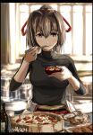  1girl black_undershirt border breasts brown_eyes brown_hair food hair_ribbon highres ise_(kancolle) kantai_collection long_sleeves looking_at_viewer meal medium_breasts pov_across_table red_ribbon ribbon seitei_(04seitei) short_hair sketch solo upper_body 