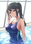  1girl bangs bare_shoulders black_hair blue_swimsuit blush breasts brown_eyes cleavage closed_mouth collarbone commentary hand_up highres large_breasts long_hair looking_at_viewer one-piece_swimsuit original ponytail pool pool_ladder purple_swimsuit rei_no_pool smile solo standing swimsuit tsukizaki_shizuka wading water 