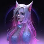  1girl absurdres ahri alisa_nilsen animal_ears bandeau blonde_hair blue_eyes earrings eyeshadow facial_mark fangs fox_ears freckles hair_between_eyes highres jewelry k/da_(league_of_legends) k/da_ahri league_of_legends lipstick long_hair looking_at_viewer makeup multicolored_hair necklace parted_lips pink_hair puffy_short_sleeves puffy_sleeves red_lips short_sleeves slit_pupils solo two-tone_hair upper_body whisker_markings 