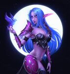  1girl absurdres alisa_nilsen bird blue_hair boobplate closed_mouth colored_skin commission cowboy_shot diadem elf elunia_(warcraft) facial_mark full_moon hand_up highres long_eyebrows long_hair long_pointy_ears moon navel night_elf pink_skin pointy_ears smile solo standing thighhighs toned warcraft world_of_warcraft 