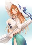  1girl absurdres bikini bikini_under_clothes blue_background breasts cl_(summer_sama) cleavage eyebrows_visible_through_hair girls_frontline gradient gradient_background green_eyes hair_between_eyes hat highres holding holding_umbrella jewelry large_breasts long_hair m1903_springfield_(girls_frontline) orange_hair parasol parted_lips raglan_sleeves ring sarong shirt smile solo sun_hat sunglasses swimsuit tied_shirt umbrella wedding_band white_headwear white_shirt 