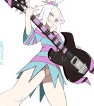  1girl bass_guitar blue_eyes cameltoe commission dress forehead freckles hair_bobbles hair_ornament highres instrument panties pokemon pokemon_(game) pokemon_bw2 roxie_(pokemon) sharp_teeth shirt sooperman striped striped_dress teeth topknot underwear upskirt white_shirt 