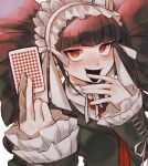  1girl :d bangs bbjj_927 blunt_bangs blush bonnet brown_hair card celestia_ludenberg danganronpa:_trigger_happy_havoc danganronpa_(series) drill_hair earrings eyebrows_visible_through_hair frills gothic_lolita hand_up highres holding holding_card jewelry lolita_fashion long_hair long_sleeves looking_at_viewer necktie open_mouth red_eyes smile solo twin_drills twintails upper_body 
