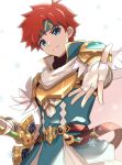  1boy armor blue_eyes cape fingerless_gloves fire_emblem fire_emblem:_the_binding_blade fire_emblem_heroes gloves gonzarez headband highres looking_at_viewer male_focus red_hair roy_(fire_emblem) short_hair simple_background smile weapon 