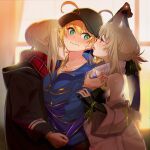  3girls absurdres ahoge artoria_pendragon_(all) bangs bare_shoulders baseball_cap black_headwear black_shirt blonde_hair blue_jacket blue_scarf blush braid breasts closed_mouth ears eyebrows_visible_through_hair fate/grand_order fate_(series) french_braid glasses green_eyes hair_between_eyes hair_bun hat highres hood hooded_jacket huge_filesize jacket long_hair long_sleeves looking_at_another looking_to_the_side medium_breasts multiple_girls mysterious_heroine_x_(alter)_(fate) mysterious_heroine_x_(fate) mysterious_idol_x_(alter)_(fate) neck off_shoulder open_mouth plaid plaid_scarf ponytail purple_jacket red_scarf rojiura_satsuki:_chapter_heroine_sanctuary scarf selfcest shirt sidelocks small_breasts suppa_(hagakuresuppa) tongue tongue_out wavy_mouth white_jacket yellow_eyes yuri 