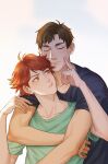  2boys 3: absurdres blue_shirt blurry brown_eyes brown_hair cheek_poking closed_eyes closed_mouth collarbone commentary_request day eyebrows ginkiri_art green_shirt haikyuu!! hand_up height_difference highres hug hug_from_behind light_smile looking_at_another male_focus multiple_boys oikawa_tooru_(haikyuu!!) outdoors poking shirt short_hair short_sleeves sunlight upper_body ushijima_wakatoshi yaoi 