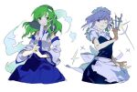  2girls apron asymmetrical_hair between_fingers blue_dress blue_skirt blush braid breasts closed_mouth collared_shirt commentary cowboy_shot detached_sleeves dress eyebrows_visible_through_hair floating_hair frog_hair_ornament gohei green_eyes green_hair green_ribbon hair_between_eyes hair_ornament hair_ribbon hands_together holding holding_knife iovebly izayoi_sakuya knife kochiya_sanae long_hair looking_at_viewer maid maid_apron maid_headdress medium_breasts medium_hair multiple_girls one_eye_closed purple_eyes ribbon shirt short_sleeves side_braids silver_hair simple_background skirt smile smoke snake_hair_ornament sparkle symbol_commentary touhou tress_ribbon twin_braids white_background white_shirt wide_sleeves wing_collar 