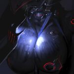  1girl absurdres black_bodysuit bodysuit breasts cleavage close-up commentary_request glowing helmet highres impossible_bodysuit impossible_clothes large_breasts mecha_musume original partial_commentary science_fiction shizuoxing_kof skin_tight solo wet 