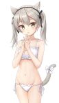  1girl :o animal_ears bangs bare_arms bare_shoulders black_bow black_hairband bow bra brown_eyes cat_cutout cat_ear_panties cat_ears cat_girl cat_lingerie cat_tail cleavage_cutout clothing_cutout collarbone commentary_request eyebrows_visible_through_hair flipper girls_und_panzer grey_hair groin hair_between_eyes hair_bow hairband hands_together hands_up highres interlocked_fingers meme_attire navel own_hands_together panties parted_lips shimada_arisu side-tie_panties simple_background solo tail tail_bow tail_ornament twintails underwear underwear_only white_background white_bow white_bra white_panties 