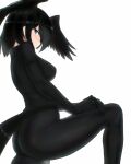  1girl adjusting_clothes ass bangs bird_tail black_hair blue_eyes blush bodystocking breasts commentary_request covered_nipples eyebrows_visible_through_hair from_side half-closed_eye head_wings highres jungle_crow_(kemono_friends) kemono_friends knee_up long_sleeves looking_at_viewer medium_breasts medium_hair panties see-through shibori_kasu sidelocks simple_background sleeveless solo tail tail_through_clothes underwear white_background 