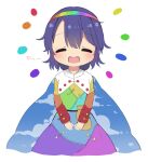  1girl antidote cape closed_eyes cowboy_shot cropped_legs dress hairband happy highres light_blush multicolored multicolored_clothes multicolored_dress open_mouth purple_hair rainbow_gradient short_hair simple_background smile solo tenkyuu_chimata touhou white_background 
