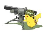  anti-tank_missile bad_id bad_twitter_id camouflage camouflage_headwear closed_mouth commentary frown gen_1_pokemon green_headwear helmet highres no_humans pikachu pokemon pokemon_(creature) shadow simple_background soldier takenotcool type_9_hmat weapon white_background 