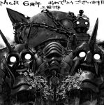  emil_(nier) greyscale looking_at_viewer male_focus miwa_shirow monochrome multiple_boys nier nier_(series) open_mouth roc_(nier) shadowlord_(nier) simple_background white_background wolf 