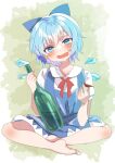  1girl blue_dress blue_eyes blue_hair blush bottle bow cirno cup dress full_body grey_background hair_bow head_tilt highres holding holding_bottle ice ice_wings ochazuke open_mouth sakazuki short_hair simple_background sitting smile solo touhou wings 