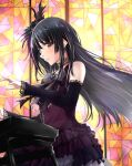  1girl bang_dream! bangs black_hair black_sleeves bow bowtie detached_sleeves dress earrings eyebrows_visible_through_hair feather_hair_ornament feathers floating_hair grey_bow grey_neckwear hair_between_eyes hair_ornament highres instrument jewelry layered_dress long_hair long_sleeves music ochi_r open_mouth playing_instrument playing_piano purple_dress purple_eyes roselia_(bang_dream!) shiny shiny_hair shirokane_rinko sleeveless sleeveless_dress solo stained_glass straight_hair striped striped_neckwear very_long_hair 
