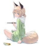 1girl animal_ear_fluff animal_ears blonde_hair chopsticks commentary_request cup_ramen fox_ears fox_girl fox_tail full_body green_hoodie highres holding holding_chopsticks hood hood_down hoodie long_sleeves looking_at_viewer looking_back no_shoes original poco_(asahi_age) ponytail shadow shiratama_kitsune sitting sleeves_past_wrists socks soles solo tail white_background white_legwear 