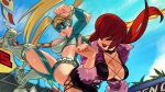  2girls alex_ahad ass-to-ass attack blonde_hair boots breasts clothing_cutout commentary crossover domino_mask english_commentary hair_over_eyes heart_cutout hip_attack large_breasts lipstick long_hair makeup mask multiple_girls rainbow_mika shermie_(kof) smile street_fighter street_fighter_zero_(series) sweat the_king_of_fighters the_king_of_fighters_xv twintails white_footwear 