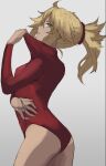  1girl ass blonde_hair braid cat&#039;s_cradle contrapposto cowboy_shot fate/apocrypha fate_(series) fingernails french_braid from_side green_eyes hand_up highres leotard leotard_pull long_hair long_sleeves looking_at_viewer looking_to_the_side mordred_(fate) mordred_(fate)_(all) parted_lips ponytail pulled_by_self red_leotard sideways_glance solo tonee 