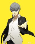  1boy absurdres black-framed_eyewear black_jacket black_pants blue_eyes closed_mouth collarbone collared_shirt dress_shirt glasses hayatetsujimoto highres jacket long_sleeves looking_at_viewer male_focus narukami_yuu open_clothes open_jacket pants persona persona_4 persona_4_the_golden shirt short_hair silver_hair simple_background smile smug solo standing white_shirt wing_collar yellow_background 