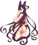  1girl ass back bangs blush breasts closed_mouth commentary_request double_bun fate/grand_order fate_(series) hair_between_eyes hair_cones hair_ornament hayama_kazusa highres large_breasts long_hair looking_at_viewer looking_back murasaki_shikibu_(fate) nipples nude purple_eyes simple_background solo thighs two_side_up very_long_hair 
