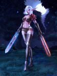  1girl absurdres alisa_nilsen armor belt bikini_armor black_choker blue_sclera boots breasts choker closed_mouth colored_sclera colored_skin crescent_choker crossed_legs dual_wielding elf forest full_moon grass highres holding holding_sword holding_weapon looking_at_viewer medium_breasts medium_hair metal_boots moon nature navel night_elf pauldrons pink_skin pointy_ears shoulder_armor shoulder_spikes single_pauldron solo spikes standing sword thigh_boots thighhighs toned tree vial warcraft watson_cross weapon white_eyes white_hair world_of_warcraft 
