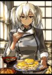  1girl border breasts food highres kantai_collection long_sleeves looking_at_viewer meal medium_breasts military military_uniform musashi_(kancolle) pov_across_table seitei_(04seitei) short_hair sketch solo twintails uniform upper_body white_hair 