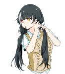  1girl artist_name bangs black_hair blunt_bangs breasts citron80citron collared_shirt commentary cropped_torso eyebrows_visible_through_hair girls_frontline hair_tie_in_mouth heterochromia highres holding holding_hair long_hair looking_away looking_to_the_side low_tied_hair mouth_hold multicolored_hair red_eyes ro635_(girls_frontline) shirt short_sleeves simple_background solo streaked_hair sweater_vest tied_hair twintails tying_hair upper_body white_background white_hair white_shirt yellow_eyes 