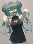  1girl :d armpits bangs black_dress blue_eyes blue_hair breasts china_dress chinese_clothes cleavage cleavage_cutout clothing_cutout cowboy_shot double_bun dress fangs floating_hair grey_background hair_between_eyes hatsune_miku highres long_hair looking_at_viewer medium_breasts open_mouth outstretched_arms pukunosu8 red_nails shiny shiny_hair short_dress simple_background sleeveless sleeveless_dress smile solo standing twintails very_long_hair vocaloid zombie_pose 