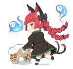  1girl :3 animal_ear_fluff animal_ears black_dress braid cat_ears cat_tail chibi crys_(dai) dress extra_ears from_behind hitodama kaenbyou_rin long_hair looking_at_viewer looking_back multiple_tails nekomata pointy_ears profile red_eyes red_hair simple_background skull solo tail touhou twin_braids twintails two_tails very_long_hair wheelbarrow white_background 