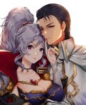  1boy 1girl bangs black_hair breasts choker cleavage commission couple finger_to_mouth fire_emblem fire_emblem:_genealogy_of_the_holy_war fire_emblem_heroes hair_ornament hetero ishtar_(fire_emblem) jewelry large_breasts long_hair looking_at_viewer official_alternate_costume ponytail purple_eyes reinhardt_(fire_emblem) upper_body wani_(fadgrith) watermark 