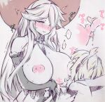  2girls andira_(granblue_fantasy) animal_ears bangs blonde_hair blush breast_sucking breasts closed_mouth commentary_request elbow_gloves gloves granblue_fantasy hat heart highres hood hood_down huge_breasts licking long_hair magisa_(granblue_fantasy) monkey_ears monkey_girl multiple_girls nipple_licking nipples nose_blush open_clothes simple_background sweat tsukareta_san upper_body very_long_hair witch_hat yuri 
