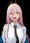 +_+ 1girl bangs breasts business_suit chainsaw_man collared_shirt crosshair_pupils demon_horns dress_shirt formal highres horns large_breasts long_hair long_sleeves looking_at_viewer necktie open_mouth orange_eyes power_(chainsaw_man) red_horns sharp_teeth shirt sky-freedom solo suit teeth tongue tongue_out white_shirt 
