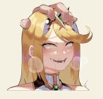  1girl ahegao bangs blonde_hair breath chest_jewel collarbone cross-eyed drooling english_commentary eyebrows_visible_through_hair eyelashes gem hand_on_another&#039;s_head headpiece highres long_hair looking_up mythra_(xenoblade) nyantcha open_mouth out_of_frame portrait rolling_eyes saliva shiny shiny_hair shirt sidelocks sleeveless sleeveless_shirt solo_focus sweat sweatdrop swept_bangs tan_background tearing_up teeth tiara trembling xenoblade_chronicles_(series) xenoblade_chronicles_2 yellow_eyes 