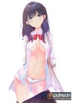  1girl areolae arms_behind_back bangs black_hair black_skirt blue_eyes blush bow bowtie cameltoe closed_mouth clothes_pull collared_shirt contrapposto cowboy_shot dress_shirt gridman_universe groin highres long_hair looking_at_viewer navel open_clothes open_shirt panties patreon_logo pink_ribbon pleated_skirt red_bow red_neckwear ribbon shiny shiny_hair shiny_skin shirt simple_background skirt skirt_pull solo ssss.gridman standing straight_hair sydus takarada_rikka unbuttoned unbuttoned_shirt underwear watermark web_address white_background white_panties white_shirt wing_collar 