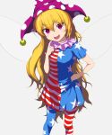  1girl :d absurdres american_flag_dress blonde_hair breasts clownpiece commentary_request fairy_wings feet_out_of_frame finger_to_own_chin from_above grey_background hand_on_hip hat highres jester_cap long_hair neck_ruff open_mouth pantyhose polka_dot purple_eyes shokabatsuki simple_background small_breasts smile solo star_(symbol) star_print touhou v-shaped_eyebrows very_long_hair wings 