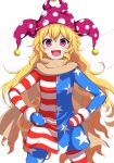  1girl :d absurdres american_flag_dress blush clownpiece commentary_request cowboy_shot fairy_wings fang flat_chest fur_trim hands_on_hips hat highres jester_cap legs_apart mittens open_mouth pantyhose pink_eyes polka_dot scarf shokabatsuki simple_background smile solo star-shaped_pupils star_(symbol) star_print symbol-shaped_pupils touhou v-shaped_eyebrows white_background wings 