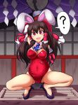  1girl :d ;d ? animal_ears arm_behind_back arm_behind_head black_footwear blue_neckwear blush bow box breasts brown_hair bunny_ears cameltoe cleavage commentary_request covered_navel detached_collar detached_sleeves donation_box fake_animal_ears hair_bow hair_tubes hakurei_reimu high_heels highres huge_bow large_breasts leotard long_hair nioti one_eye_closed open_mouth playboy_bunny pregnant red_bow red_eyes red_leotard smile solo spoken_question_mark spread_legs squatting touhou very_long_hair white_sleeves 
