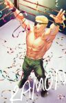  1boy :d abs absurdres arms_up bare_pectorals bare_shoulders biceps blonde_hair character_name closed_eyes collarbone commentary confetti eyepatch facial_hair full_body goatee green_footwear green_pants highres huge_filesize luchador male_focus muscular nipples open_mouth outstretched_arms pants pectorals ramon_(kof) short_hair signature smile sokytk2 solo standing sweat teeth the_king_of_fighters wrestling_ring wristband 